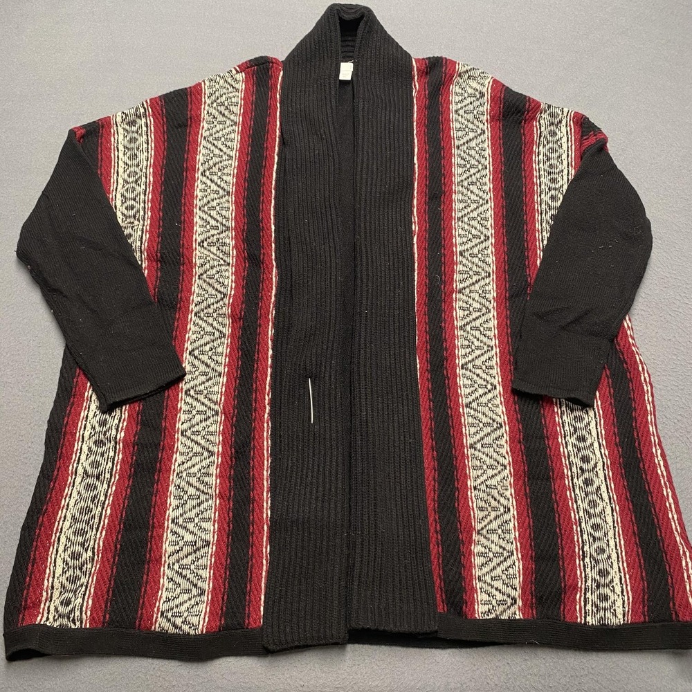 J. Jill Cardigan Sweater Womens M/L‎ Black Red Aztec Open Front Wool Blend